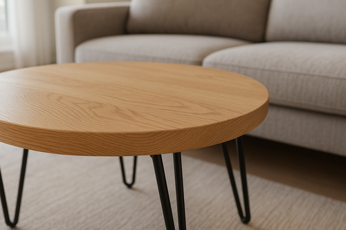 Mesa de Centro Redonda Madeira Carvalho Pés Hairpin 80cm